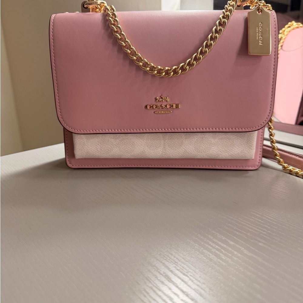 Coach Pink and Cream Leather Flap Crossbody with Gold Chain Strap